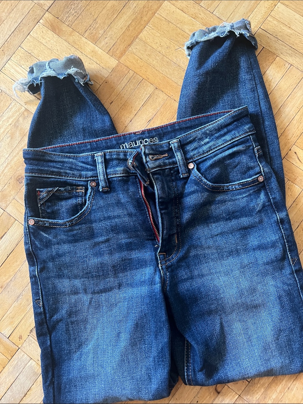 Maurices Dark Indigo Cropped Skinny Jeans with Frayed Hem